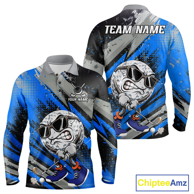 Funny Golfer Mens Golf Polo Shirts Custom Blue And Grey Grunge Golf Team Outfits Golf Gifts NYN3964
