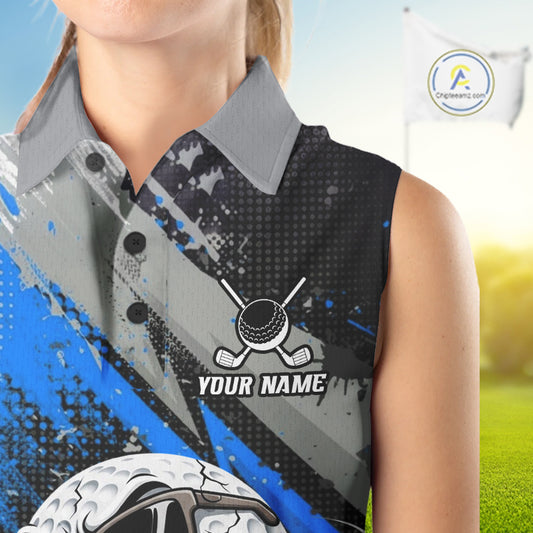 Funny Golfer Womens Golf Sleeveless Polo Shirts Custom Blue And Grey Grunge Golf Team Outfits Golf Gifts NYN3964