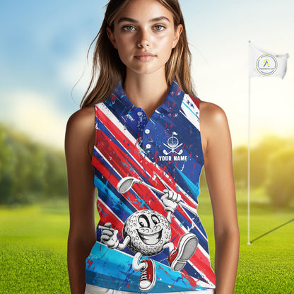Funny Golfer Blue And Red Golf Sleeveless Polo Shirts For Womens Custom Golf Team Outfits Golf Gifts NYN3965