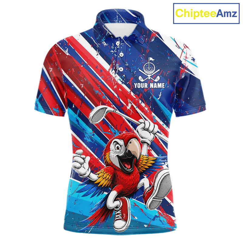 Funny Parrot Golfer Blue & Red Golf Polo Shirts For Men Custom Parrot Golf Team Outfit Golf Gifts NYN3966