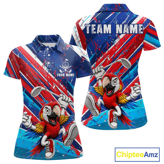 Funny Parrot Golfer Blue & Red Golf Polo Shirts For Womens Custom Parrot Golf Team Outfit Golf Gifts NYN3966