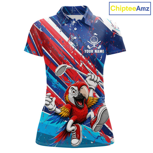 Funny Parrot Golfer Blue & Red Golf Polo Shirts For Womens Custom Parrot Golf Team Outfit Golf Gifts NYN3966