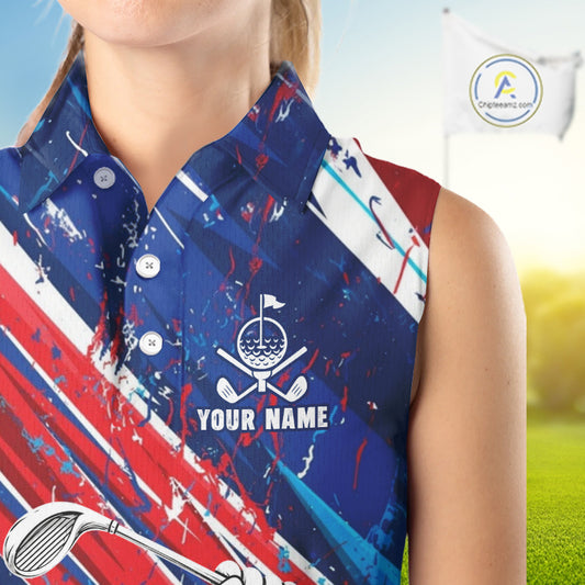 Funny Parrot Golfer Blue & Red Golf Sleeveless Polo Shirts For Womens Custom Parrot Golf Team Outfit Golf Gifts NYN3966