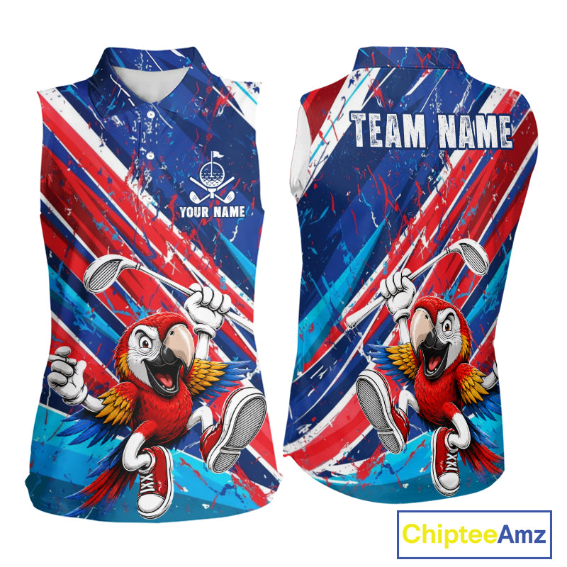 Funny Parrot Golfer Blue & Red Golf Sleeveless Polo Shirts For Womens Custom Parrot Golf Team Outfit Golf Gifts NYN3966