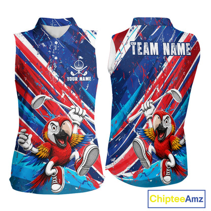 Funny Parrot Golfer Blue & Red Golf Sleeveless Polo Shirts For Womens Custom Parrot Golf Team Outfit Golf Gifts NYN3966