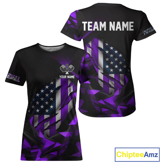 Custom Black & Purple Patriotic Pickleball Women T-Shirt US Flag Pickleball Jerseys NYN1570
