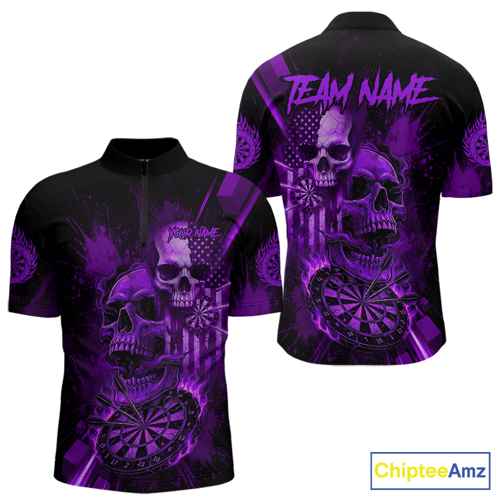 Custom Purple Smokes Grunge Skull Men Darts Quarter- Zip Shirt US Flag Skull Dart League Jerseys NYN2124
