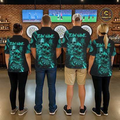 Custom Turquoise Smokes Grunge Skull Men Darts Polo Shirt US Flag Skull Dart League Jerseys NYN2125