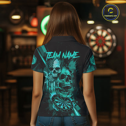 Custom Turquoise Smokes Grunge Skull Women Darts Polo Shirt US Flag Skull Dart League Jerseys NYN2125