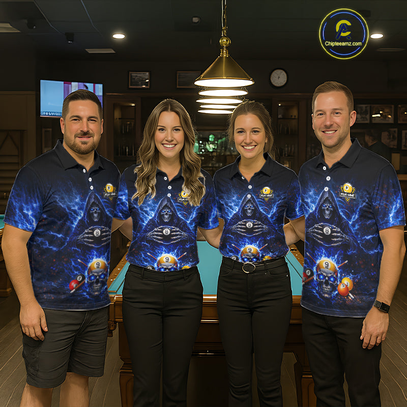 Blue Flames Grim Reaper Pool 8 Ball & 9 Ball Billiard Shirt For Men Custom Billiard Team Jerseys NYN2630