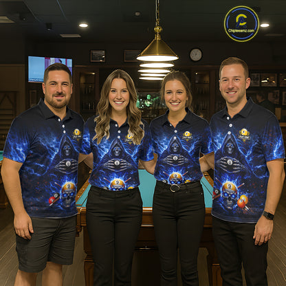 Blue Flames Grim Reaper Pool 8 Ball & 9 Ball Billiard Shirt For Men Custom Billiard Team Jerseys NYN2630