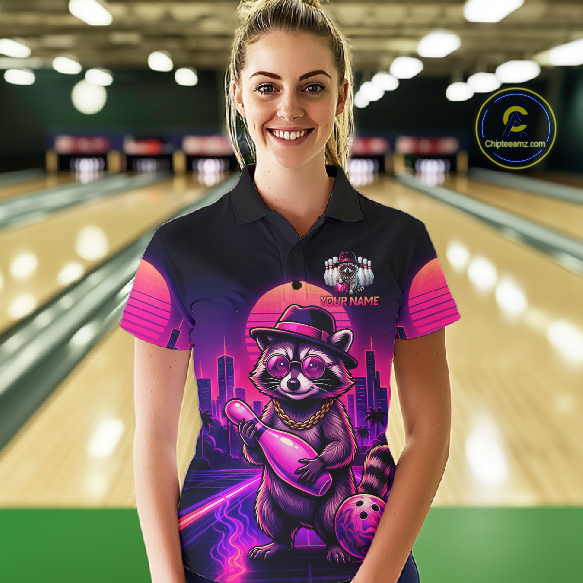 Funny Rich Raccoon Bowling Shirts For Women Custom Neon Bowling Polo & Quarter-Zip Jerseys NYN3415