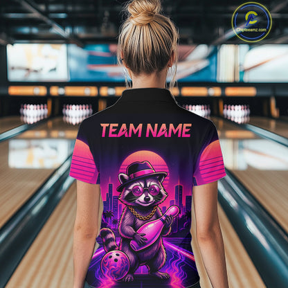Funny Rich Raccoon Bowling Shirts For Women Custom Neon Bowling Polo & Quarter-Zip Jerseys NYN3415