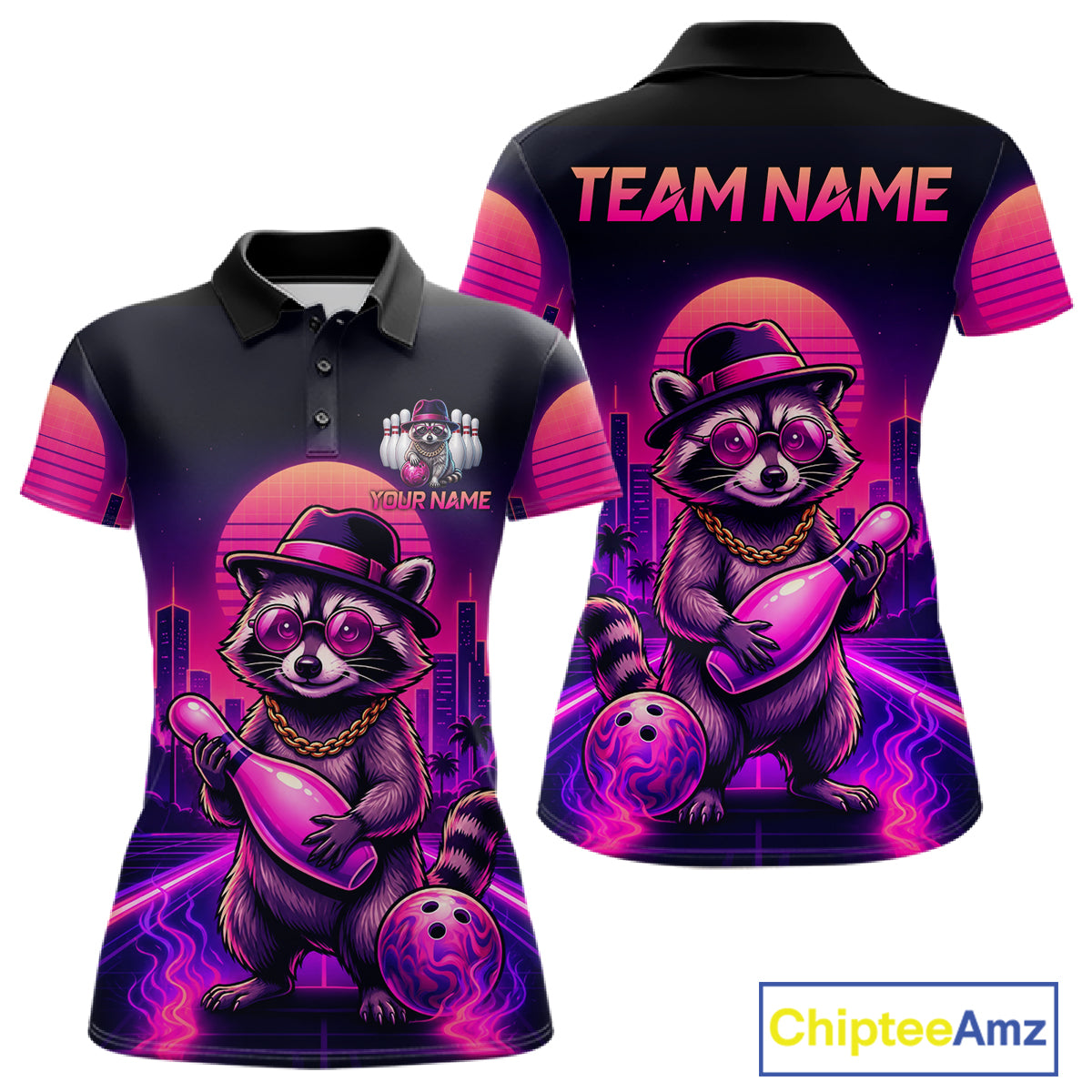 Funny Rich Raccoon Bowling Shirt For Women Custom Neon Bowling Polo Quarter Zip Jersey
