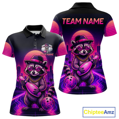 Funny Rich Raccoon Bowling Shirt For Women Custom Neon Bowling Polo Quarter Zip Jersey