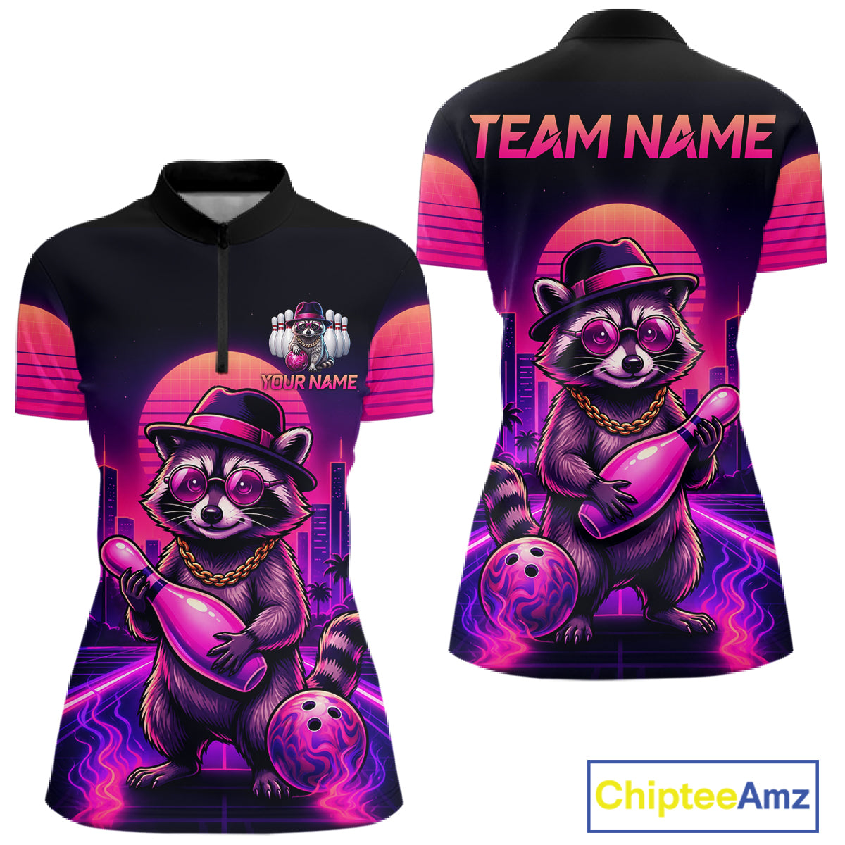 Funny Rich Raccoon Bowling Shirt For Women Custom Neon Bowling Polo Quarter Zip Jersey