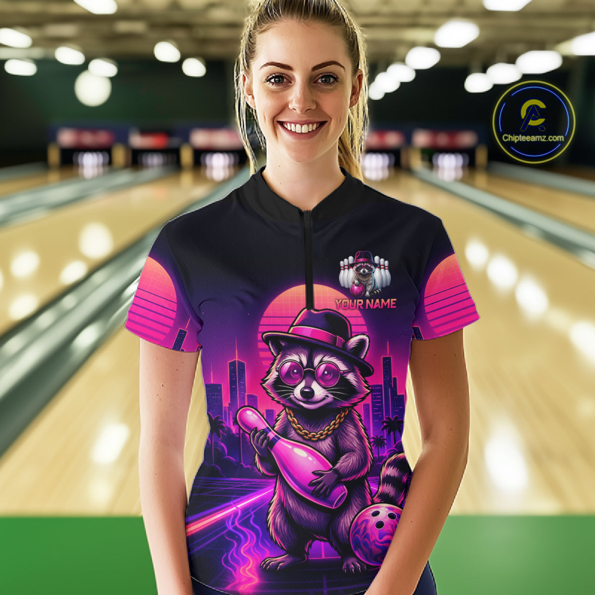 Funny Rich Raccoon Bowling Shirt For Women Custom Neon Bowling Polo Quarter Zip Jersey