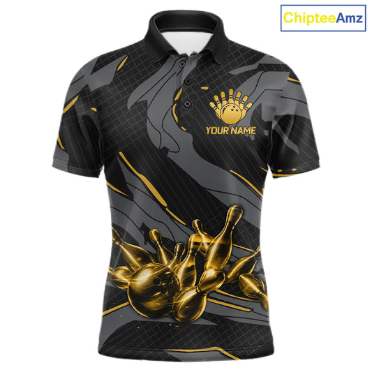 Men's bowling polo featuring grey and yellow lightning strike graphics, personalized bowling apparel for motorsport fans, cyclists, esports players and league bowlers, symbolizing optimism, creativity, intelligence and resilience.
