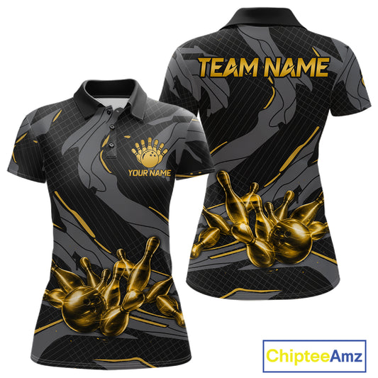 Women's bowling polo featuring grey and yellow lightning strike graphics, personalized bowling apparel for graphic art lovers, motorsport fans and tournament bowlers, symbolizing optimism, focus, confidence and creativity.