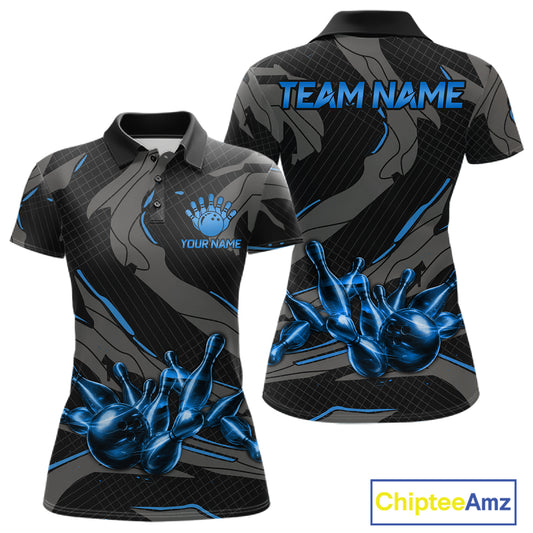 Women's bowling polo featuring grey and blue lightning strike graphics, personalized bowling apparel for technology lovers, esports fans and science enthusiasts, symbolizing clarity, discipline, intelligence and confidence.