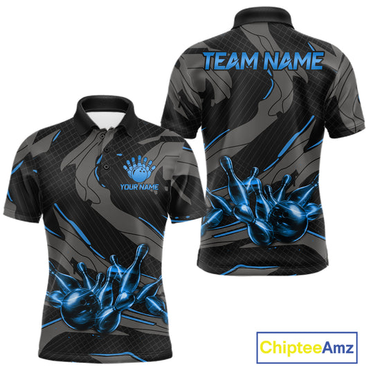 Men's bowling polo featuring grey and blue lightning strike graphics, personalized performance bowling shirt for technology enthusiasts, engineers, gamers and tournament bowlers, symbolizing clarity, intelligence, discipline and leadership.
