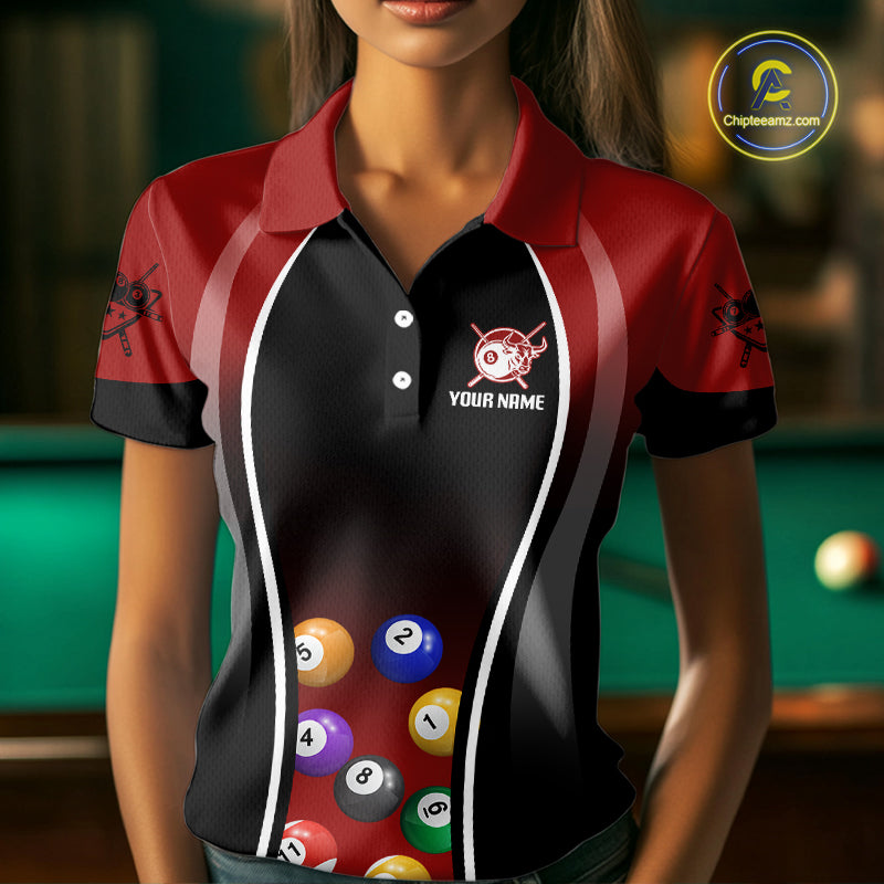 Red Funny Bull Pool Balls Women Billiard Polo & 1/4-Zip Apparel Custom Billiard Shirt Designs NYN2408