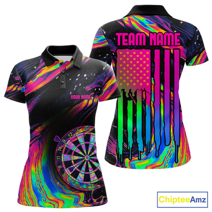 Psychedelic Holographic US Flag women's darts polo featuring colorful dartboard artwork, custom tournament jersey, patriotic league apparel, vibrant performance sportswear