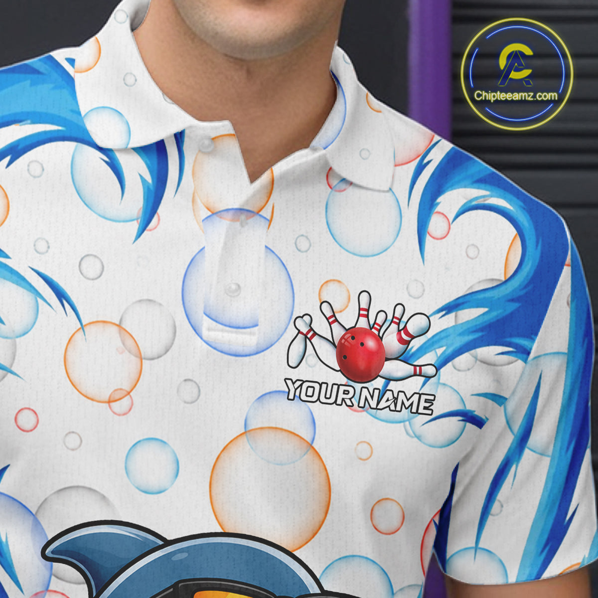White & Blue Bubbles Funny Dolphin Bowling Polo Quarter-Zip Shirt For Men Custom Bowling Team Shirt NYN3975