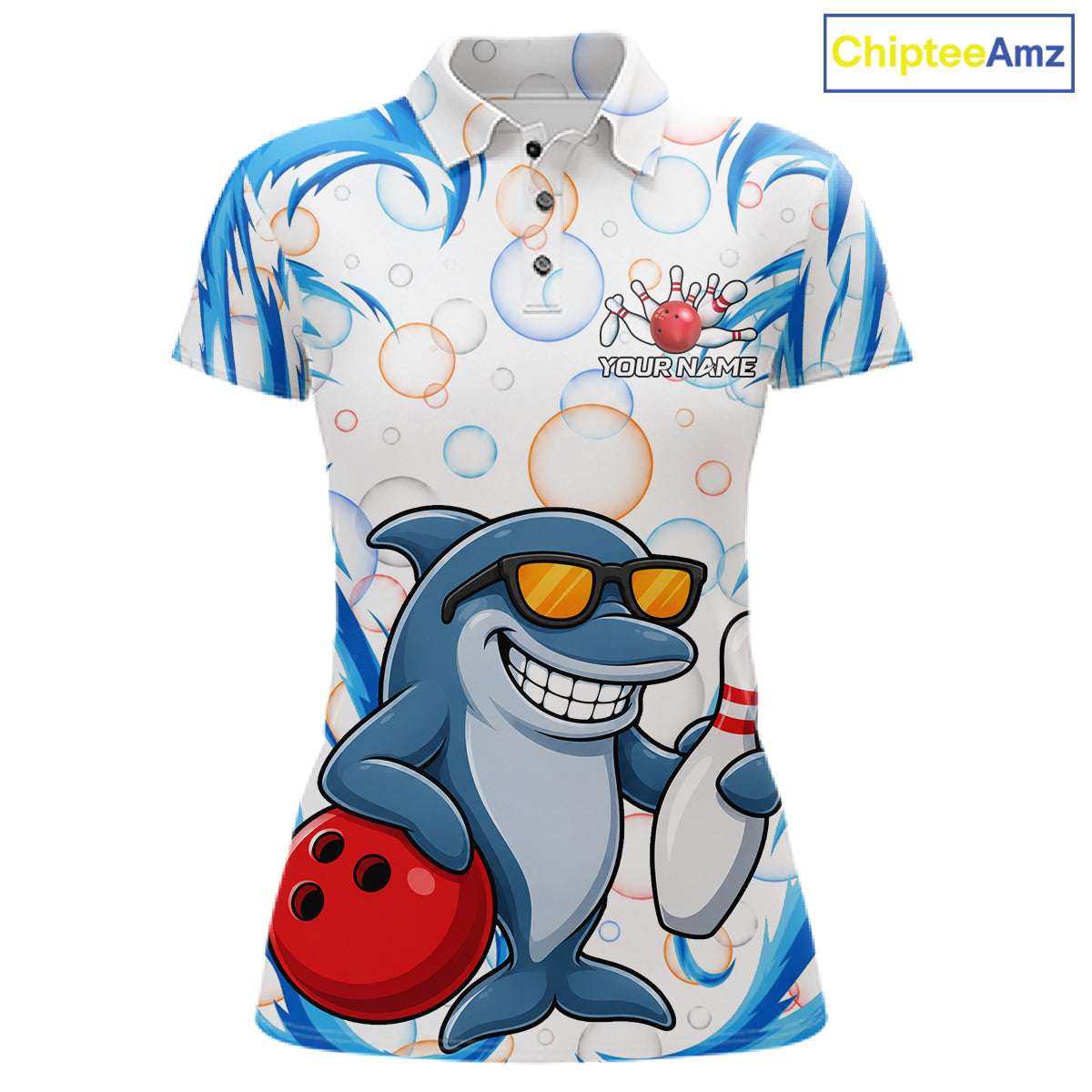 White & Blue Bubbles Funny Dolphin Bowling Polo Quarter-Zip Shirt For Women Custom Bowling Team Shirt NYN3975