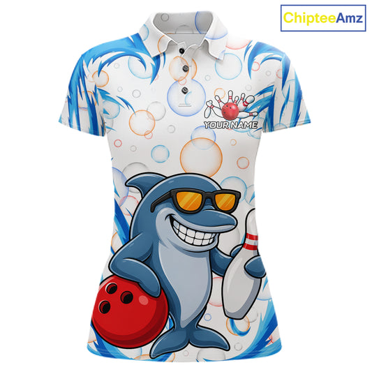 White & Blue Bubbles Funny Dolphin Bowling Polo Quarter-Zip Shirt For Women Custom Bowling Team Shirt NYN3975