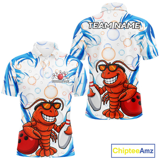 White & Blue Bubbles Funny Lobster Bowling Polo Quarter-Zip Shirt For Men Custom Bowling Team Shirt NYN3976