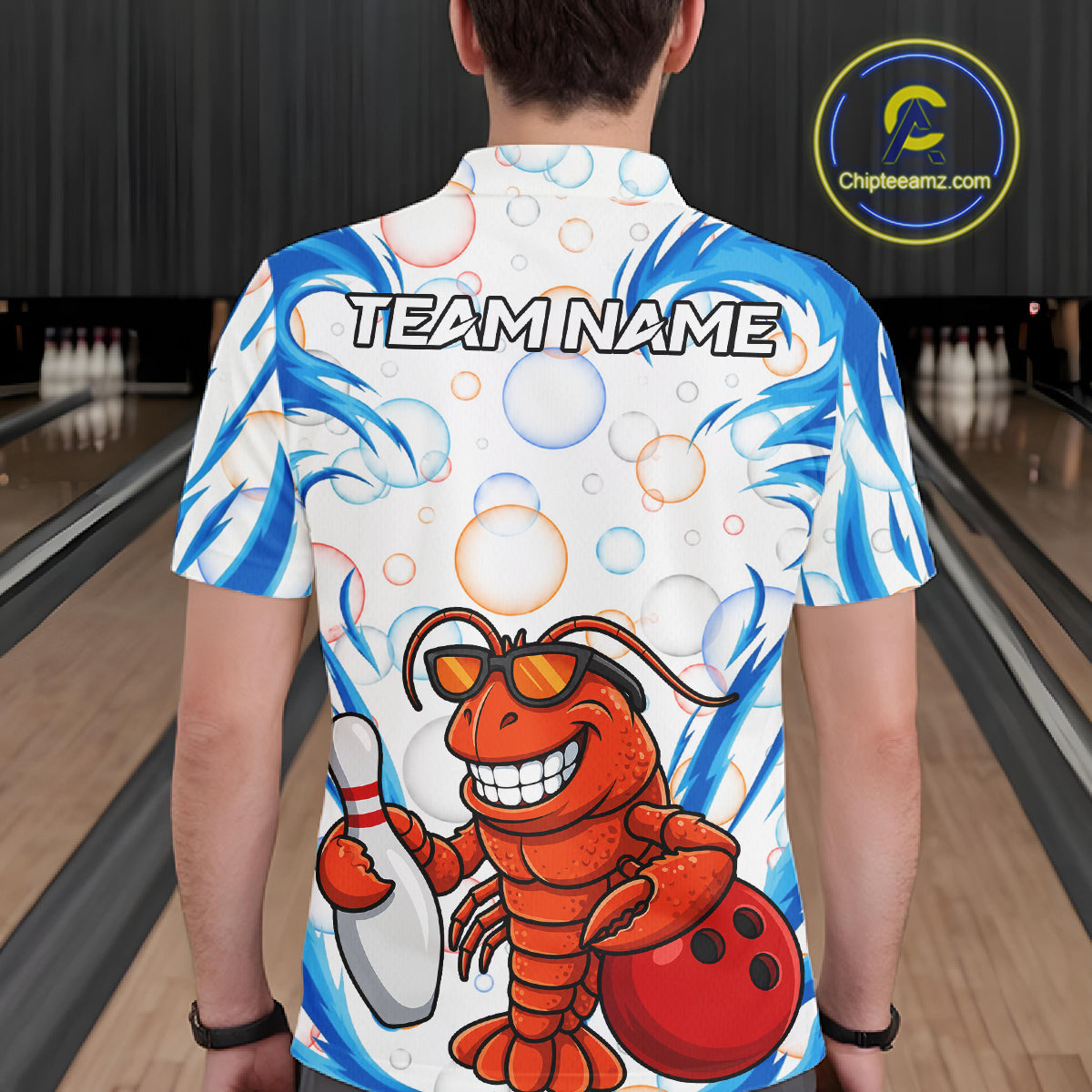 White & Blue Bubbles Funny Lobster Bowling Polo Quarter-Zip Shirt For Men Custom Bowling Team Shirt NYN3976