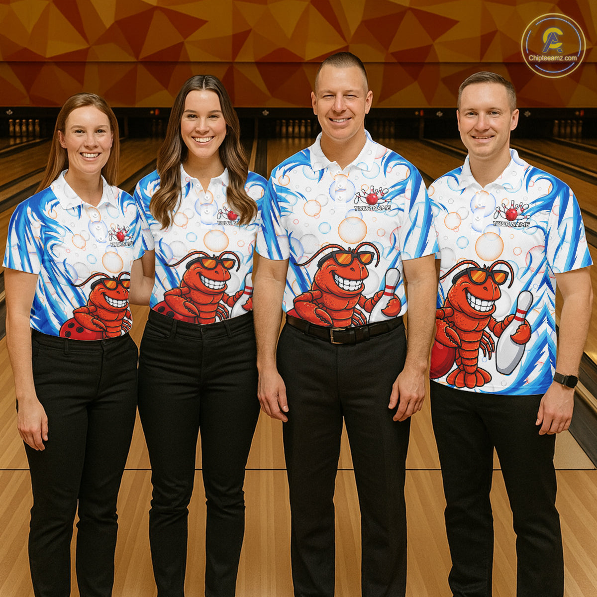White & Blue Bubbles Funny Lobster Bowling Polo Quarter-Zip Shirt For Men Custom Bowling Team Shirt NYN3976