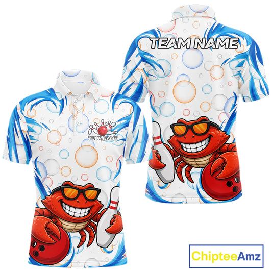 White & Blue Bubbles Funny Crab Bowling Polo Quarter-Zip Shirt For Men Custom Bowling Team Shirt NYN3977