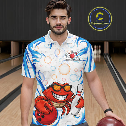 White & Blue Bubbles Funny Crab Bowling Polo Quarter-Zip Shirt For Men Custom Bowling Team Shirt NYN3977