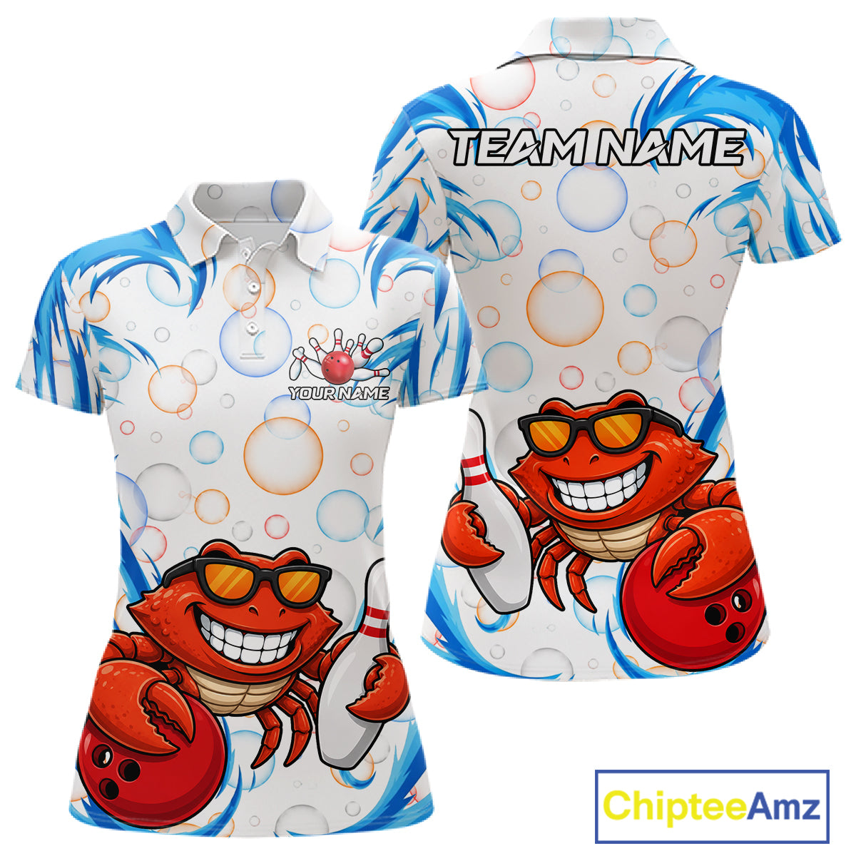 White & Blue Bubbles Funny Crab Bowling Polo Quarter-Zip Shirt For Women Custom Bowling Team Shirt NYN3977