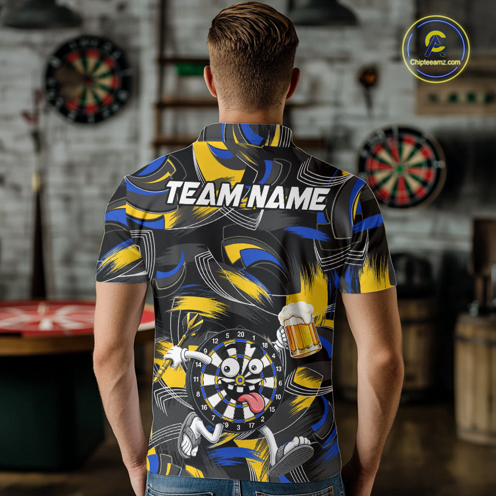 Yellow And Blue Paint Dartboard Funny Beer Darts Team Shirt For Men Custom Darts Polo 1/4-Zip Jersey NYN3988