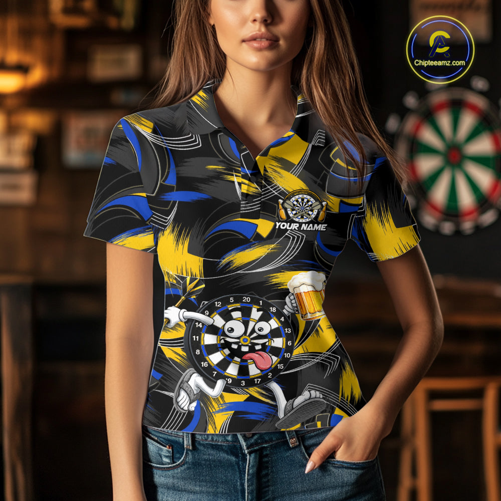 Yellow And Blue Paint Dartboard Funny Beer Darts Team Shirt For Women Custom Darts Polo 1/4-Zip Jersey NYN3988