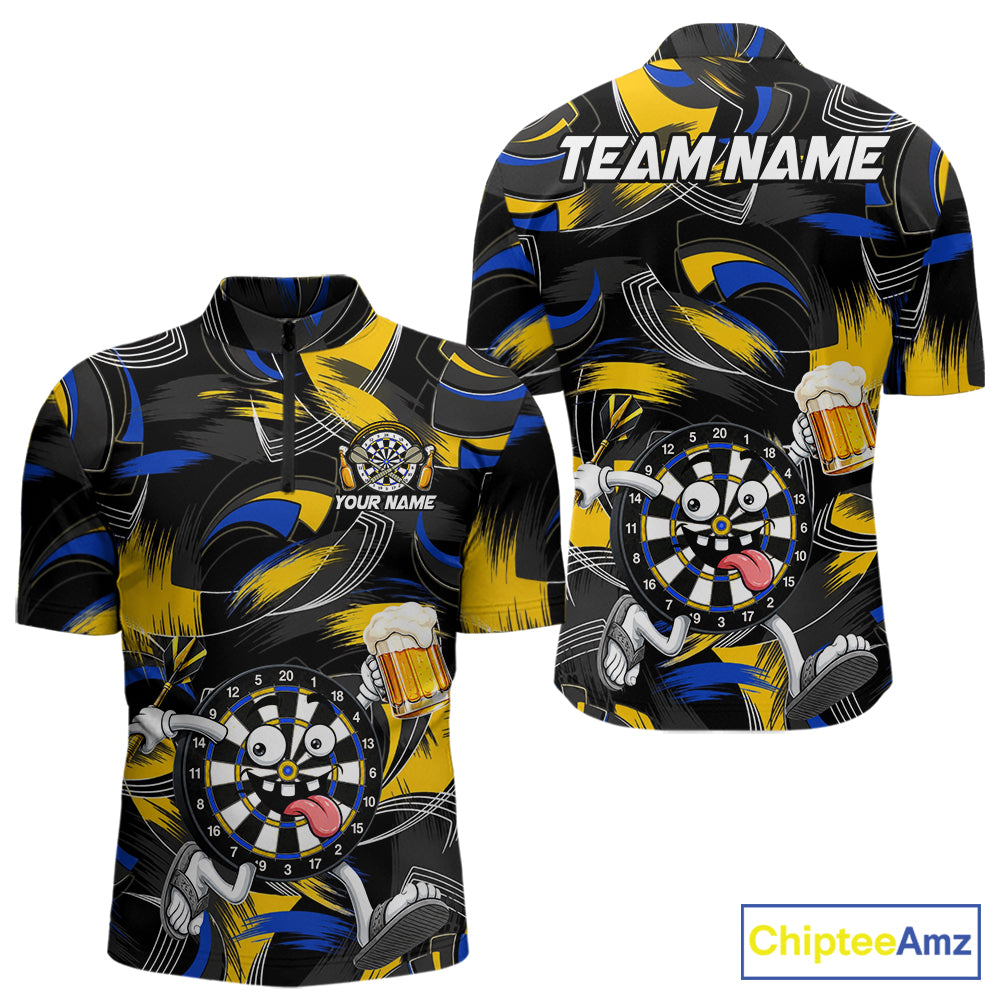 Yellow And Blue Paint Dartboard Funny Beer Darts Team Shirt For Men Custom Darts Polo 1/4-Zip Jersey NYN3988