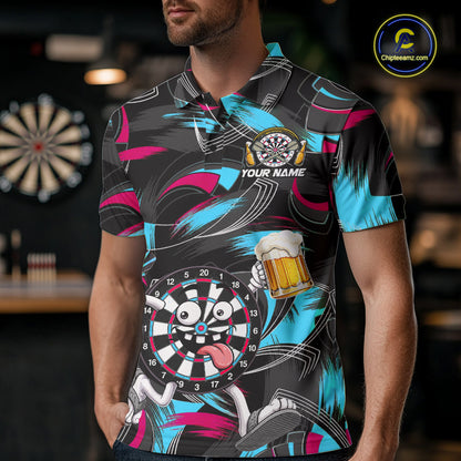 Pink And Teal Paint Dartboard Funny Beer Darts Team Shirt For Men Custom Darts Polo 1/4-Zip Jersey NYN3989
