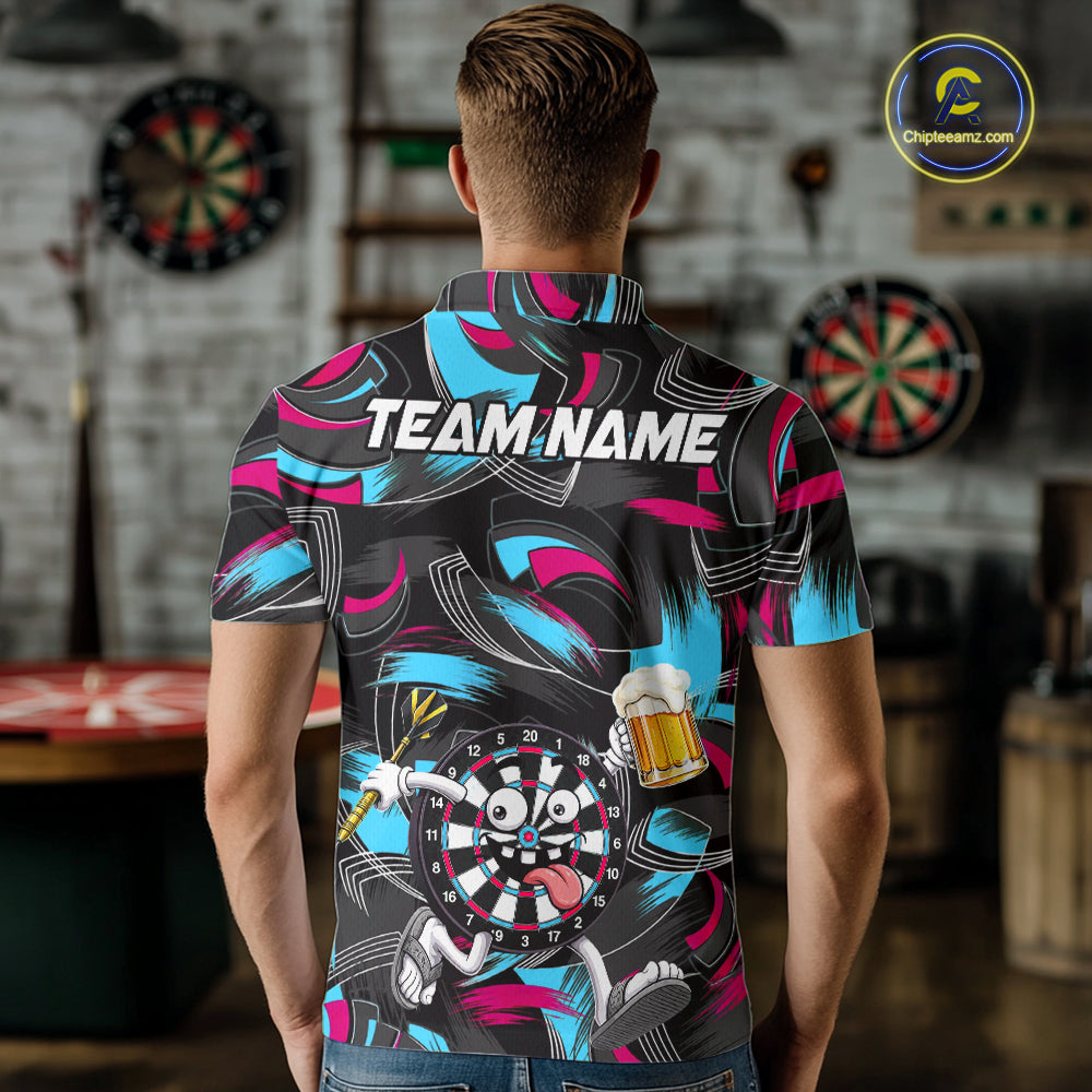 Pink And Teal Paint Dartboard Funny Beer Darts Team Shirt For Men Custom Darts Polo 1/4-Zip Jersey NYN3989