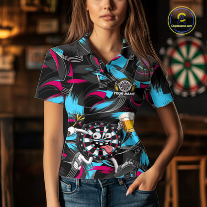 Pink And Teal Paint Dartboard Funny Beer Darts Team Shirt For Women Custom Darts Polo 1/4-Zip Jersey NYN3989