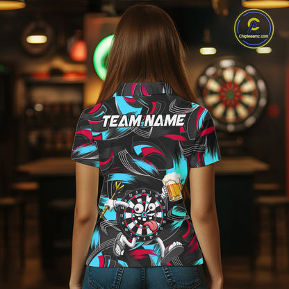 Pink And Teal Paint Dartboard Funny Beer Darts Team Shirt For Women Custom Darts Polo 1/4-Zip Jersey NYN3989