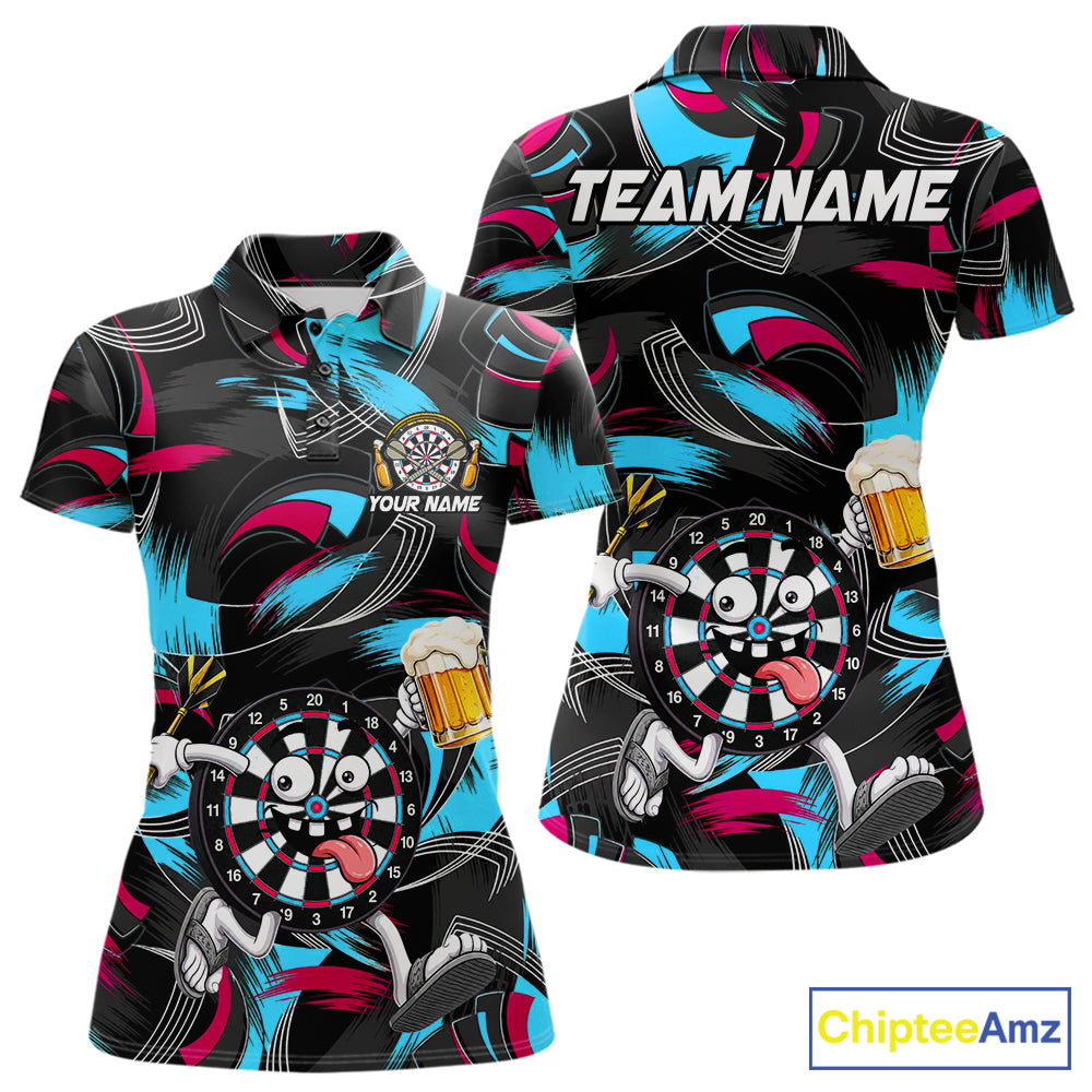 Pink And Teal Paint Dartboard Funny Beer Darts Team Shirt For Women Custom Darts Polo 1/4-Zip Jersey NYN3989