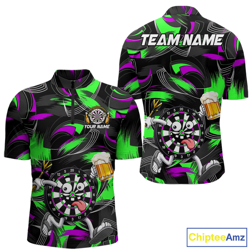 Purple And Green Paint Dartboard Funny Beer Darts Team Shirt For Men Custom Darts Polo 1/4-Zip Jersey NYN3990