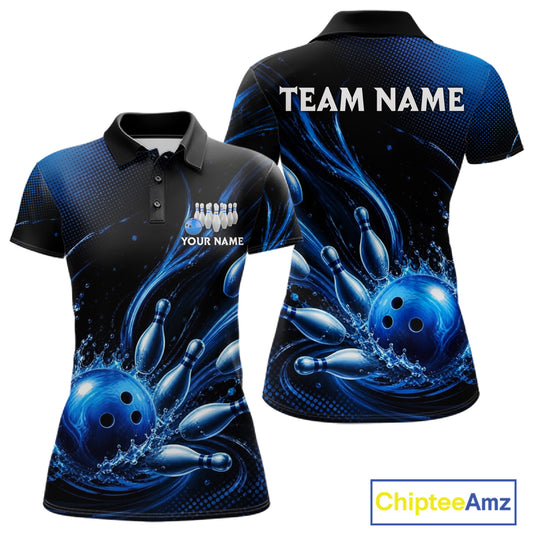 Blue Watering Bowling Ball & Pins Jerseys For Women Custom Splatter Bowling Shirt Team Attire NYN3181