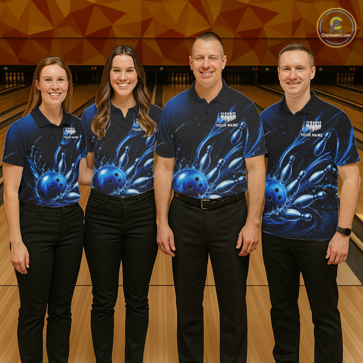 Blue Watering Bowling Ball & Pins Jerseys For Men Custom Splatter Bowling Shirt Team Attire NYN3181