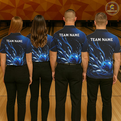 Blue Watering Bowling Ball & Pins Jerseys For Men Custom Splatter Bowling Shirt Team Attire NYN3181