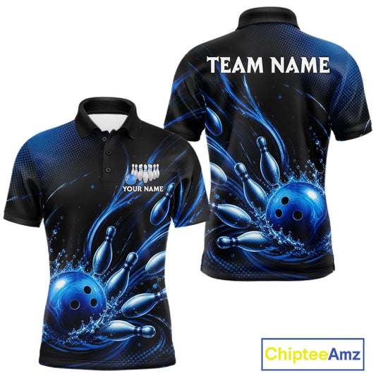 Blue Watering Bowling Ball & Pins Jerseys For Men Custom Splatter Bowling Shirt Team Attire NYN3181