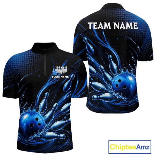 Blue Watering Bowling Ball & Pins Jerseys For Men Custom Splatter Bowling Shirt Team Attire NYN3181